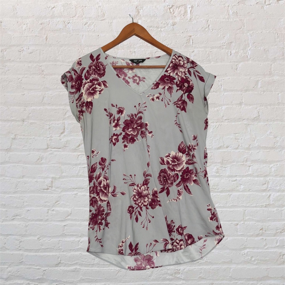 Express Womens Floral‎ V-Neck Cap Sleeve Blouse Grey Burgundy Size M